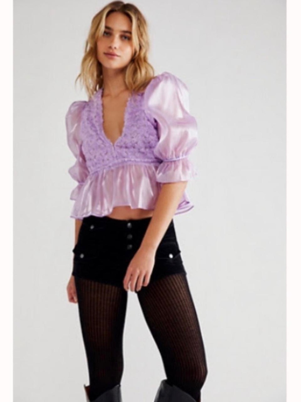 Free People Faye Lavender Puff-Sleeve V-Neck Peplum Top Roses dairy